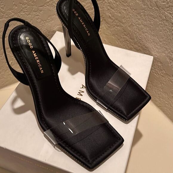 Good American Womens 10 Crystal Crush Sandals Heels Rhinestone Trim Black New - Picture 4 of 12